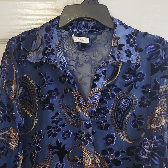 Paparazzi Women's Sheer Velvet 3/4 Sleeve Blouse Size Med Floral Paisley Hi-Low - Picture 6 of 10